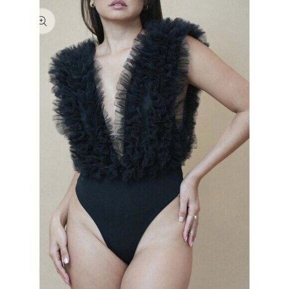 Klesis Women's Small Tulle Ruffled Black Deep-V Organza Bodysuit Sheer NEW - Picture 4 of 16